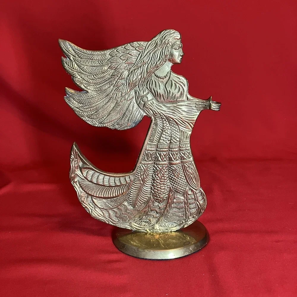 Vintage 9" Angel / 2D /‎ Etched Solid Brass / Flowing Dress Wings / Decor / Flaw - Picture 4 of 13